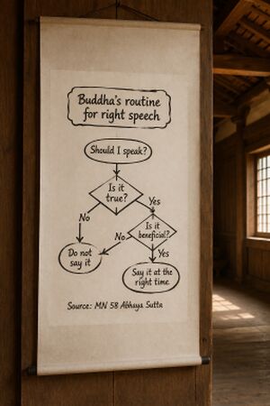 Image shows a stylistic rice paper scroll with a flow chart drawn in ink brush, showing the steps to right speech.